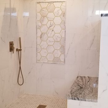 Shower remodel with hexagon mosaic feature wall